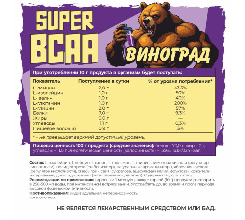 SUPER BCAA БЦАА 2:1:1 плюс со вкусом Виноград Big Bang, 200 г
