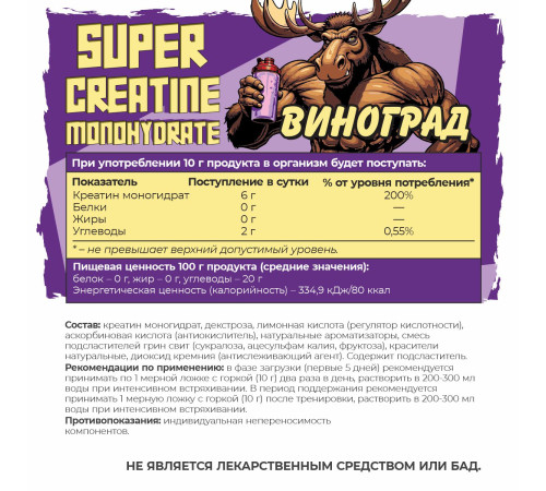 SUPER Creatine monohydrate Креатин со вкусом Виноград Big Bang, 200 г