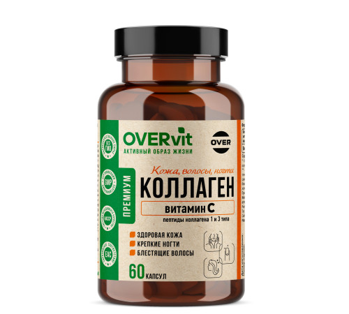 Коллаген говяжий с витамином C OVERVit, 60 капсул