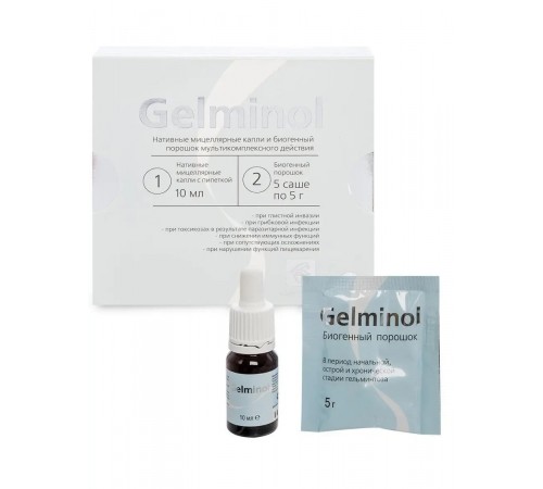 Gelminol при паразитарной инвазии, капли 10 мл и порошок 5 саше по 5 г